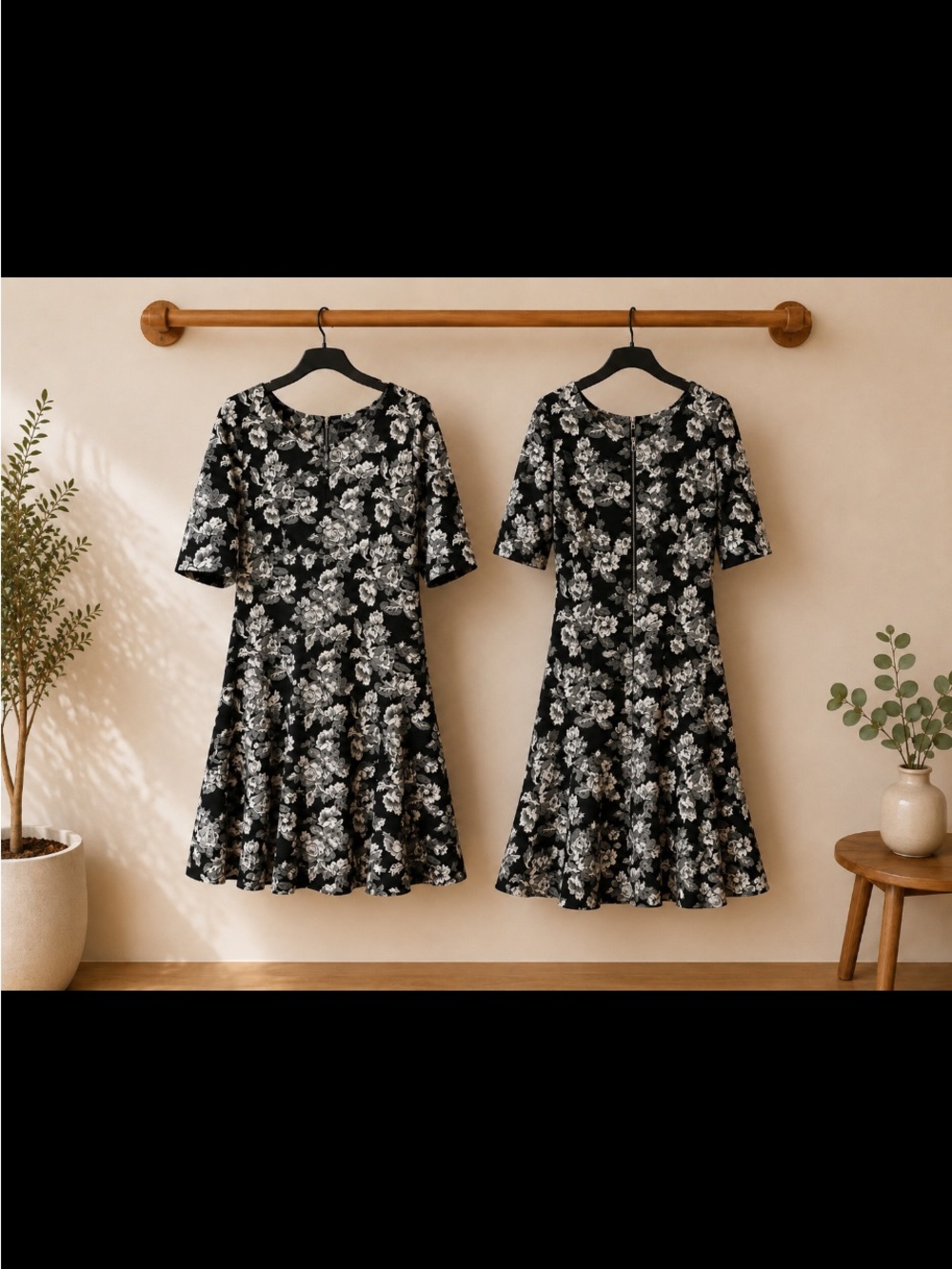 Gabby Skye Black Floral Fit-and-Flare Midi Dress